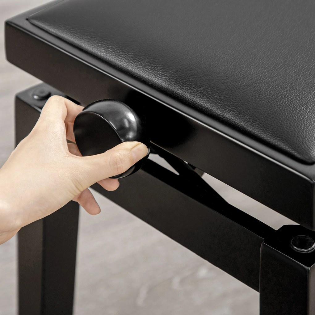 HOMCOM Πιανο-σκαμπό, σκαμπό πιάνου, ρυθμιζόμενο ύψος, κομψό γυαλιστερό φινίρισμα, συνθετικό δέρμα+καουτσούκ ξύλο, μαύρο, 63 x 33 x 56cm