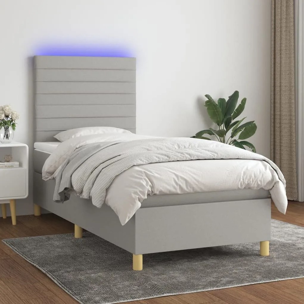 Κρεβάτι Boxspring με Στρώμα &amp; LED Αν.Γκρι 90x200 εκ. Υφασμάτινο - Γκρι