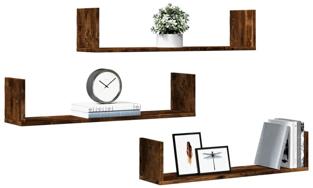 vidaXL Ράφια Τοίχου 3 τεμ. Καπνιστή Δρυς 80x18x18 εκ. Επεξεργ. Ξύλο