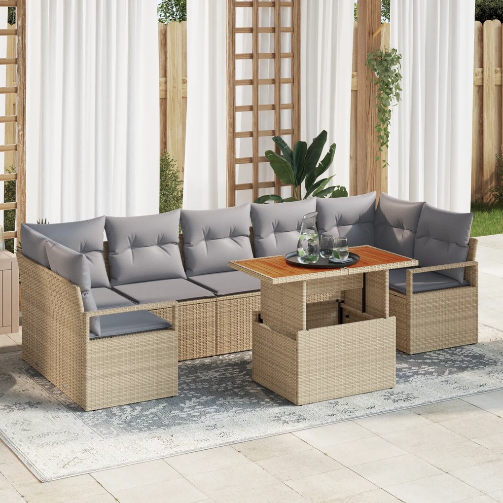 vidaXL Σετ Καναπέ Κήπου με μαξιλάρι 8 pcs Μπεζ και Γκρι Μεγάλο Ρατάν