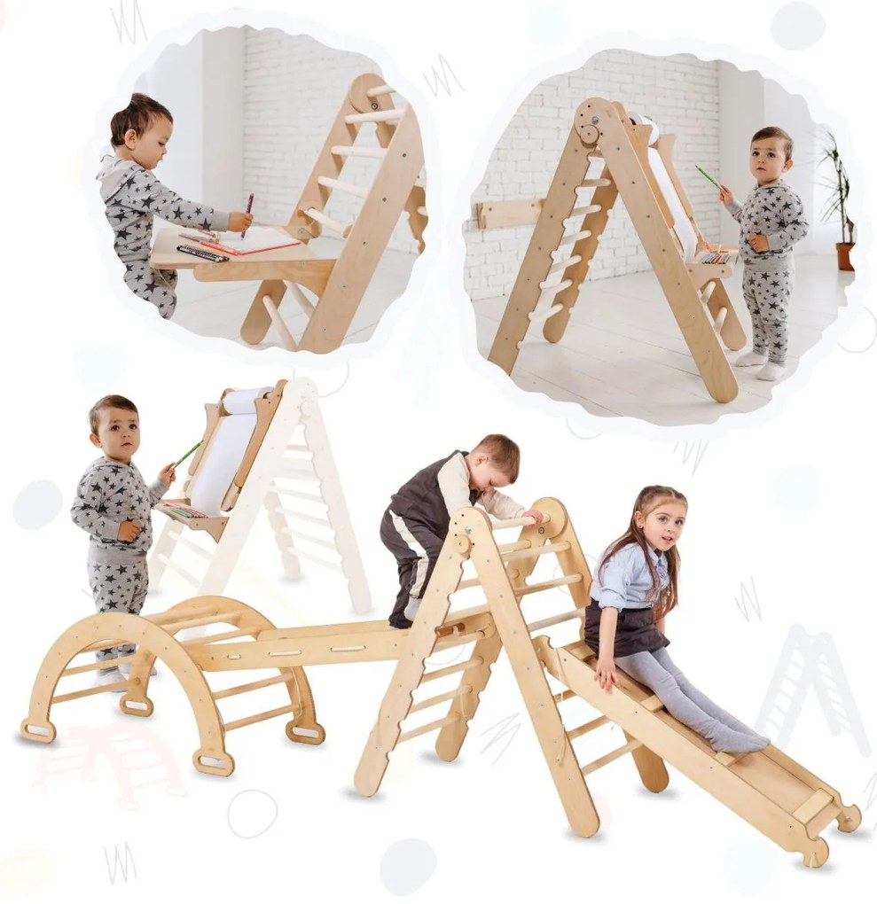 Σετ Αναρριχησης Montessori 5 Σε 1: Τριγωνικη Σκαλα + Αψιδα Αναρριχησης + Τσουληθρα + Αναρτηση για Σχεδιο + Διχτυ