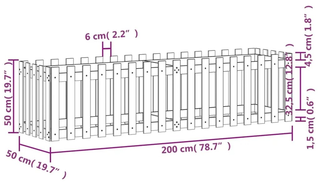 Ζαρντινιέρα με Σχέδιο Φράχτη Λευκή 200x50x50 εκ. Μασίφ Πεύκο - Λευκό