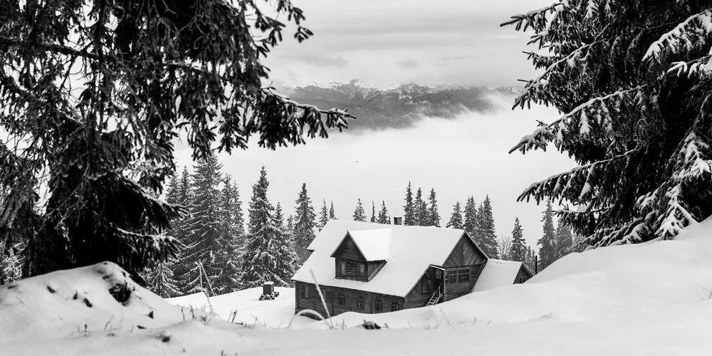 Εικόνα ενός ξύλινου σπιτιού κοντά σε χιονισμένα πεύκα σε ασπρόμαυρο - 120x60