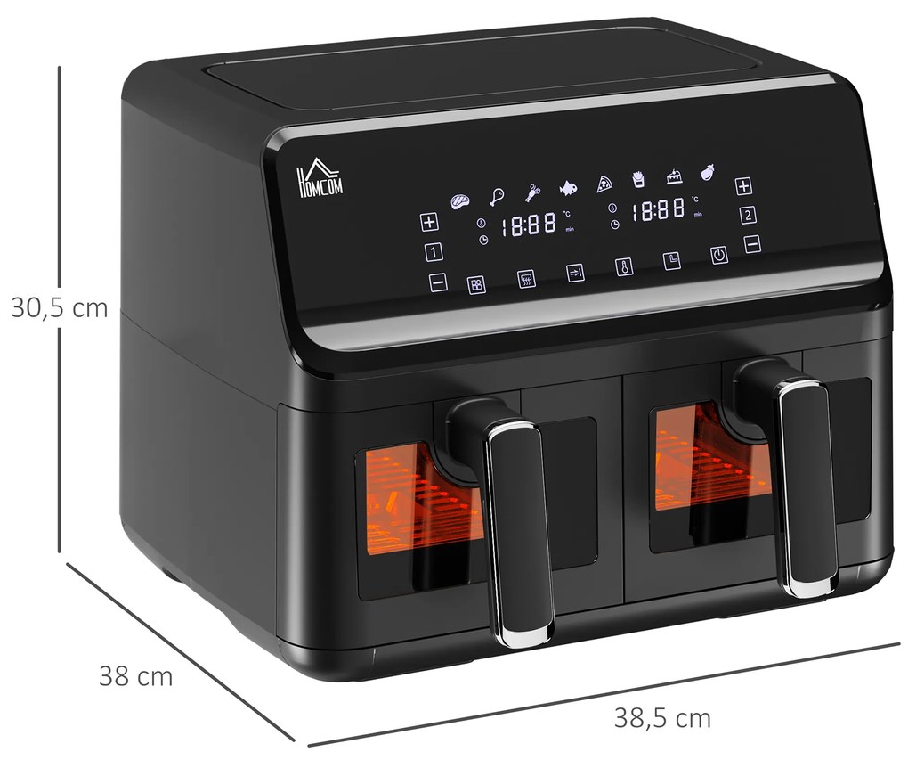 HOMCOM Φριτέζα αέρος, 2 καλάθια τηγανίσματος á 4 λίτρα, 8 προγράμματα, φως, χρονοδιακόπτης, 38,5 x 38 x 30,5 cm, Μαύρο