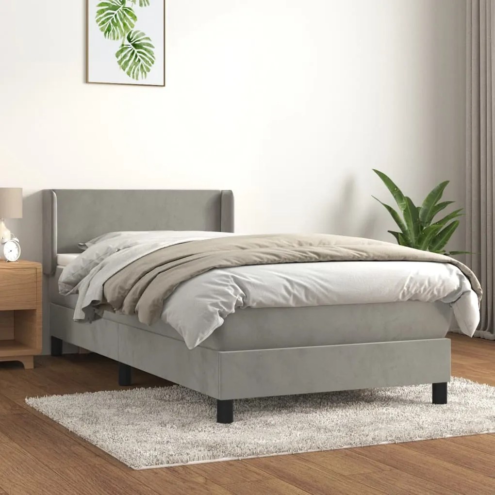 vidaXL Κρεβάτι Boxspring με Στρώμα Ανοιχτό Γκρι 90x200 εκ. Βελούδινο