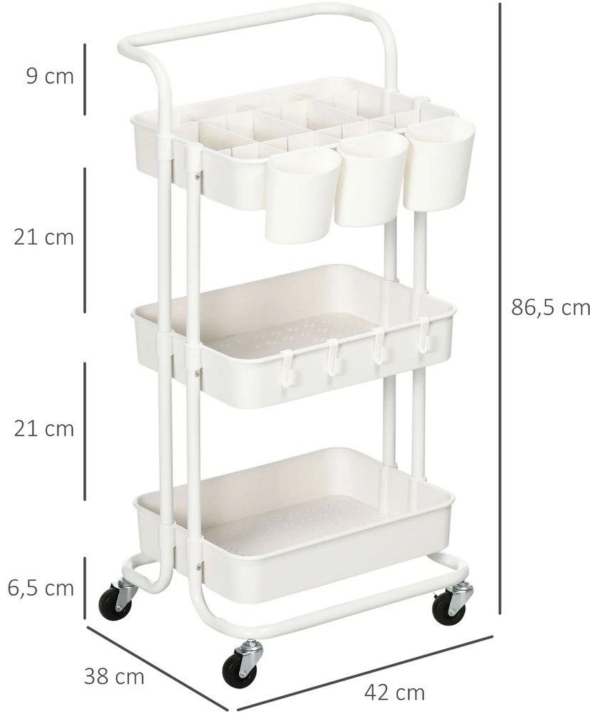HOMCOM Τροχήλατο Καρότσι, Καρότσι Σερβιρίσματος, 3 Καλάθια Αποθήκευσης, 3 Κρεμαστά Κουτιά, 4 Γάντζοι, Μεταλλικό Πλαίσιο, 42 x 38 x 86,5cm, Λευκό