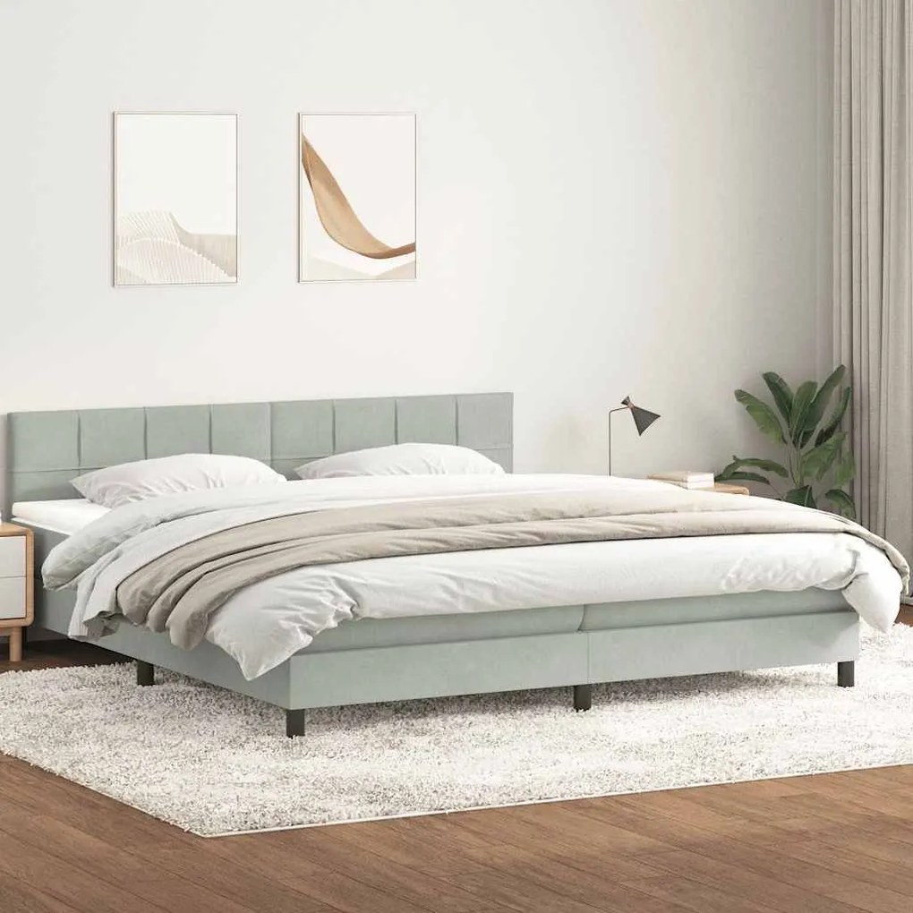 Κρεβάτι Boxspring με Στρώμα Ανοιχτό Γκρι 180x210 εκ. Βελούδινο - Γκρι