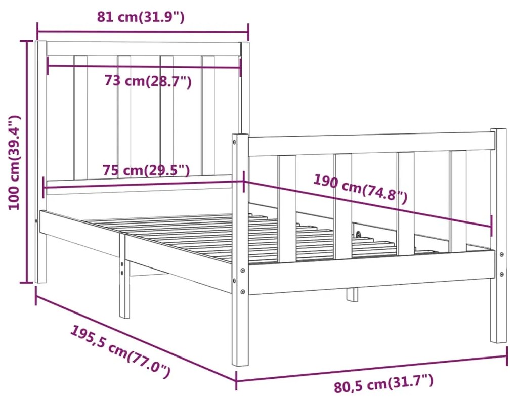 vidaXL Πλαίσιο Κρεβατιού Μαύρο 75 x 190εκ. από Μασίφ Ξύλο Small Single