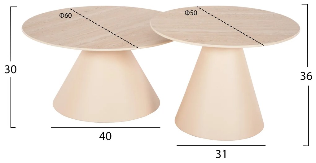 ΒΟΗΘΗΤΙΚΑ ΤΡΑΠΕΖΑΚΙΑ 2ΤΜΧ NANZA HM9927 ΜΕΤΑΛΛΟ ΚΡΕΜ-ΜΠΕΖ ΚΕΡΑΜΙΚΟ TOP Φ50&Φ60 εκ.