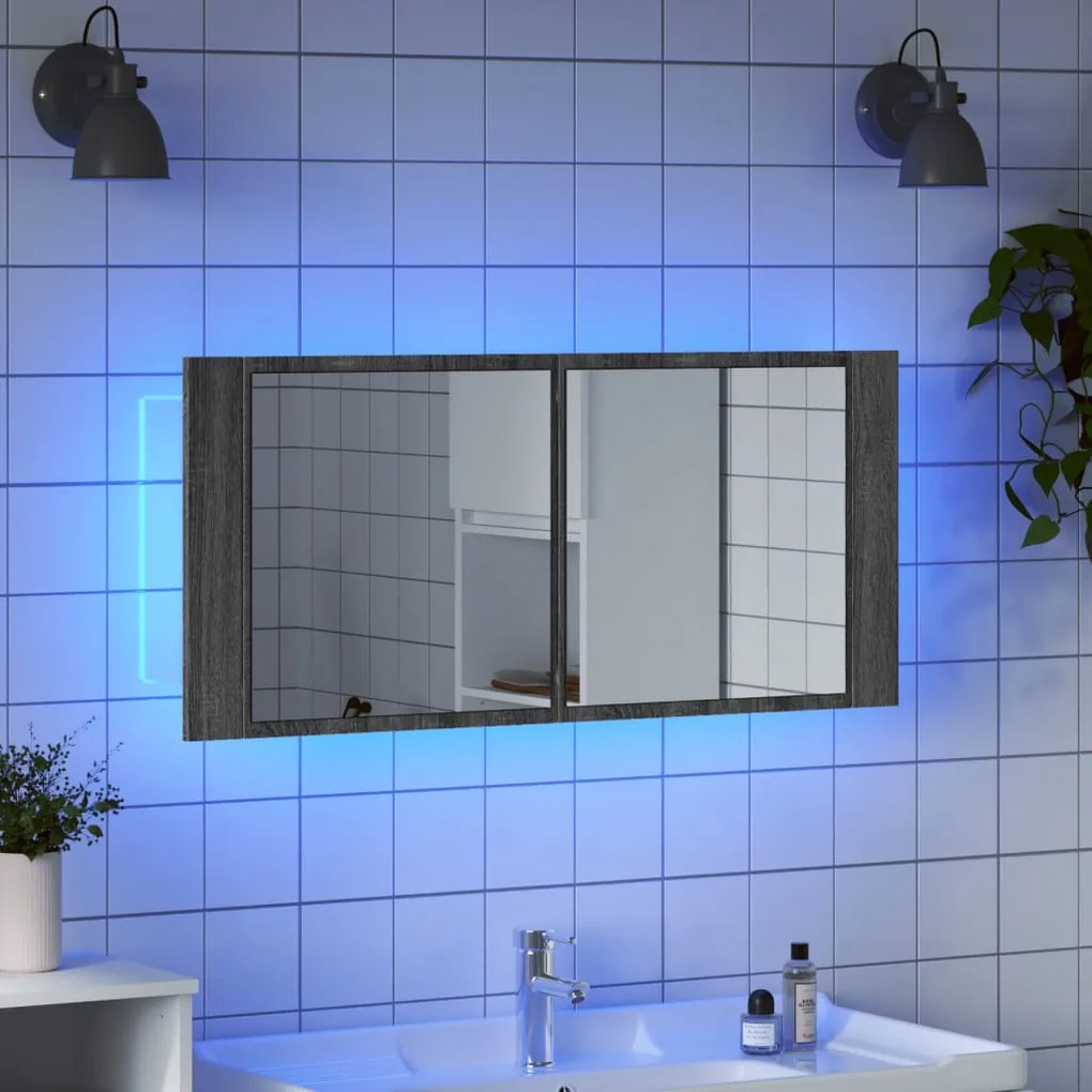 Ντουλάπι Μπάνιου με Καθρέφτη / LED Γκρι Sonoma 100x12x45 εκ. - Γκρι
