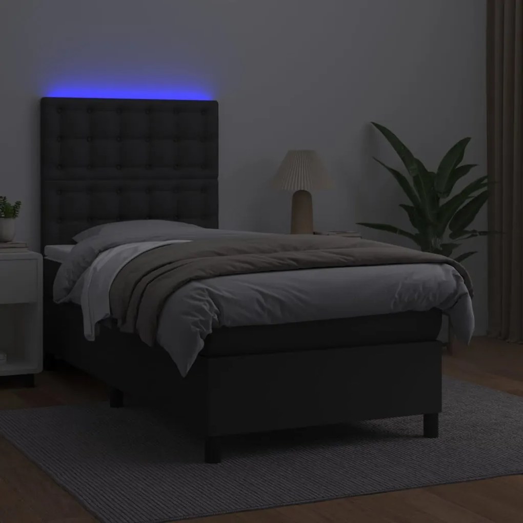 Κρεβάτι Boxspring με Στρώμα &amp; LED Μαύρο 90x200 εκ. Συνθ. Δέρμα - Μαύρο