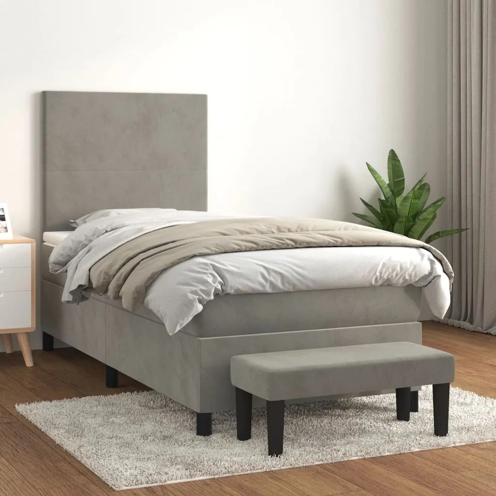 Κρεβάτι Boxspring με Στρώμα Ανοιχτό Γκρι 90x200 εκ. Βελούδινο