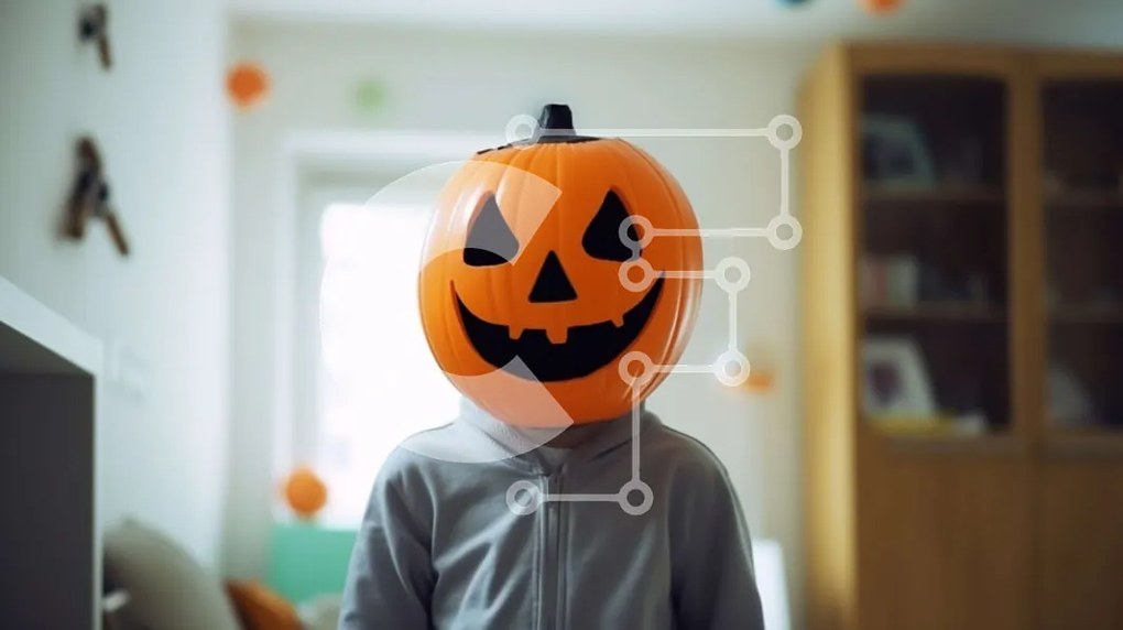 Intra Συλλεκτικό Ξύλινο Παζλ Plywood 4mm - Παιδί με μάσκα κεφαλής κολοκύθας στο σαλόνι Σε Ξύλινο Κουτί - Διαστάσεις Puzzle: 10x10 cm – 25 κομμάτια