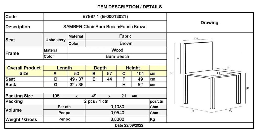 SAMBER Καρέκλα, Οξιά Καρυδί Burn Beech, Ύφασμα Καφέ 50x57x101cm