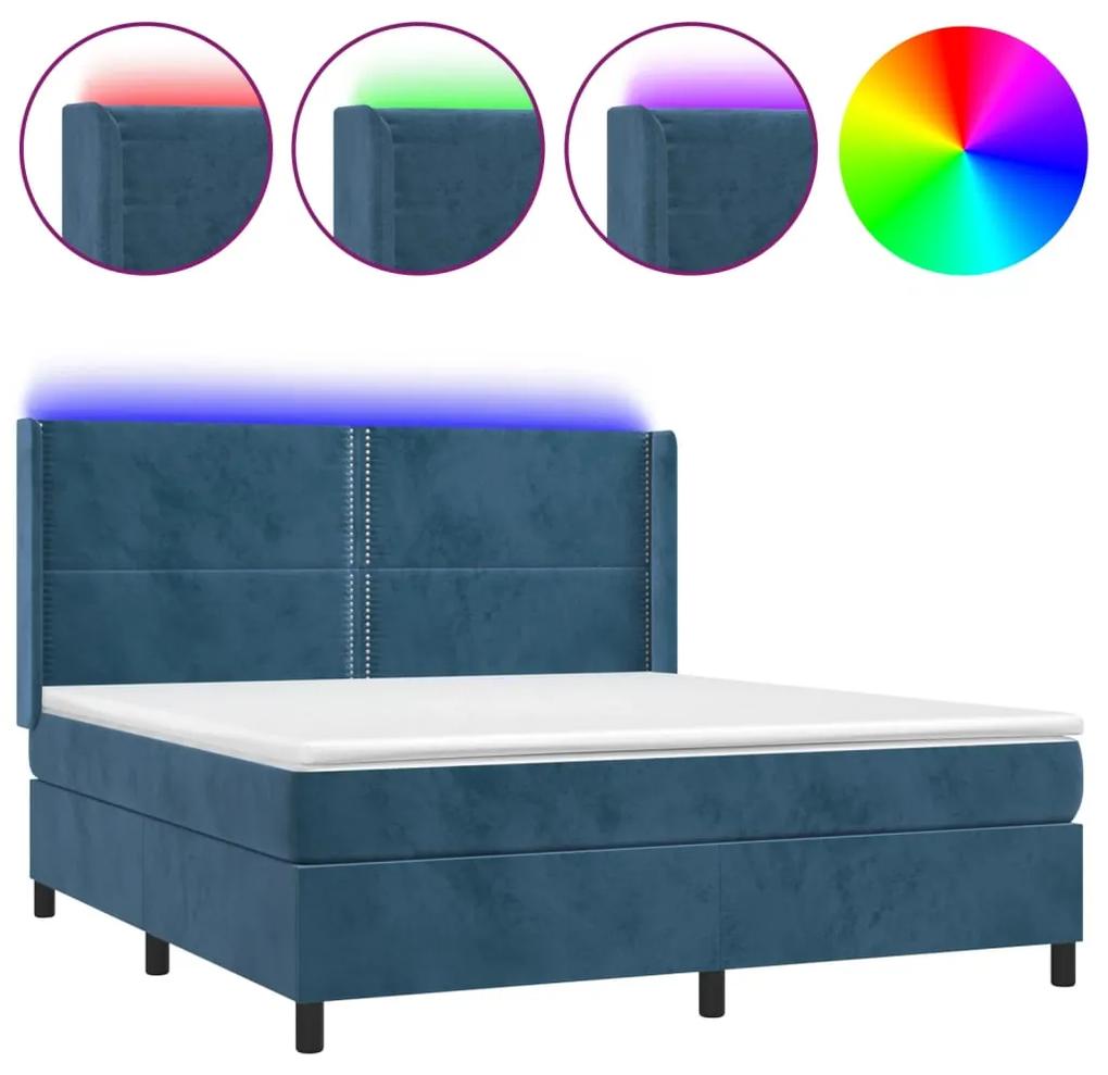 vidaXL Κρεβάτι Boxspring με Στρώμα & LED Σκ. Μπλε 180x200εκ. Βελούδινο