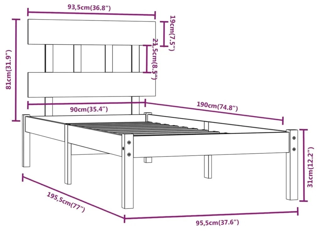 ΠΛΑΙΣΙΟ ΚΡΕΒΑΤΙΟΥ 90 X 190 ΕΚ. ΑΠΟ ΜΑΣΙΦ ΞΥΛΟ 3FT6 SINGLE 3104703