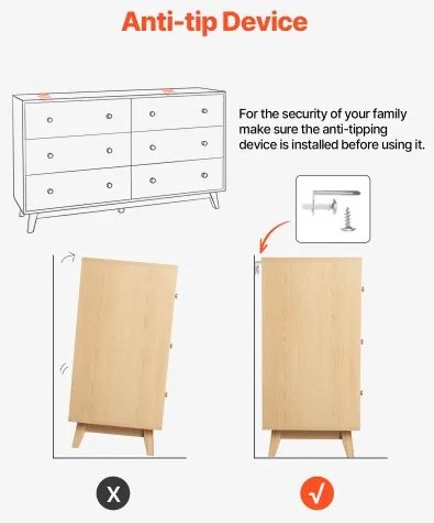 VEVOR 6 Drawer Dresser Wooden Chest of Drawers with Sliding with Anti-tip Device