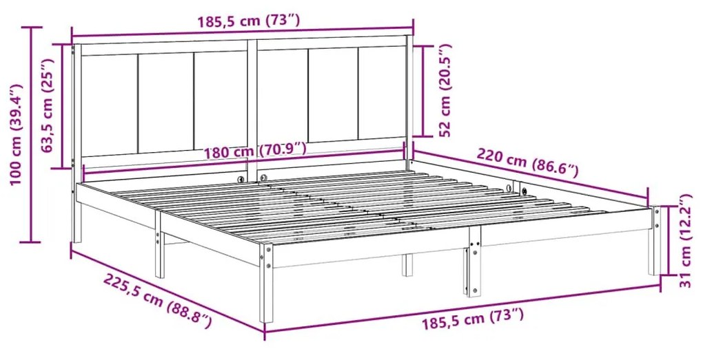 Πλαίσιο Κρεβατιού Μακρύ Χωρίς Στρώμα 180x220 εκ Μασίφ Ξύλο - Καφέ