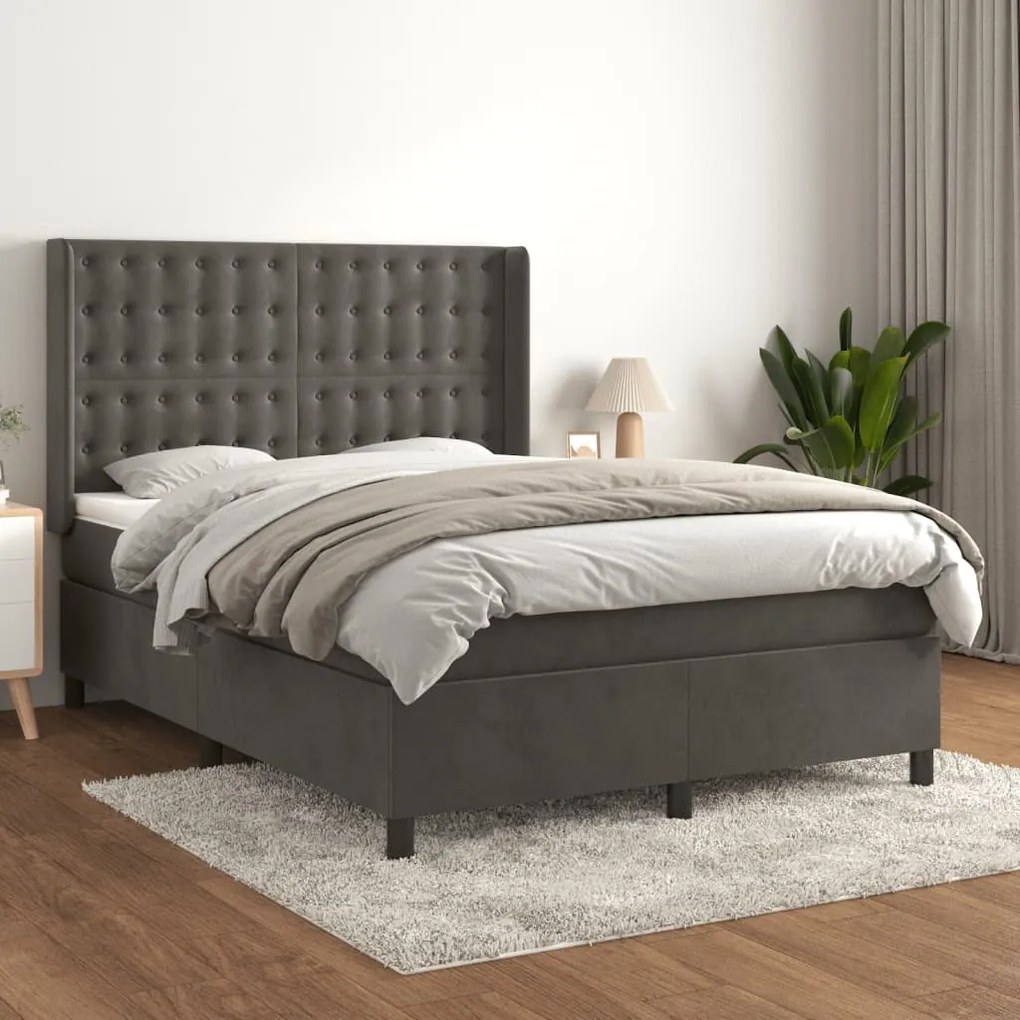 vidaXL Κρεβάτι Boxspring με Στρώμα Σκούρο Γκρι 140x190 εκ. Βελούδινο