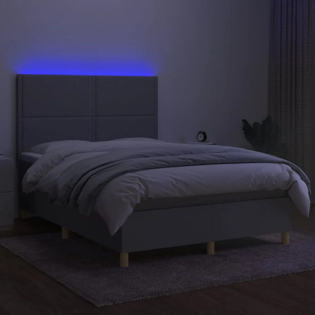 vidaXL Κρεβάτι Boxspring με Στρώμα & LED Αν.Γκρι 140x190εκ. Υφασμάτινο