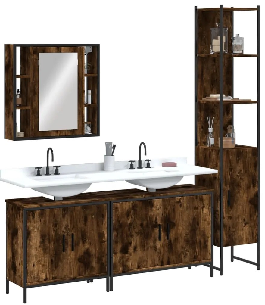 vidaXL Σετ Επίπλων Μπάνιου 4 Τεμαχίων Καπνιστή Δρυς Επεξεργασμένο Ξύλο