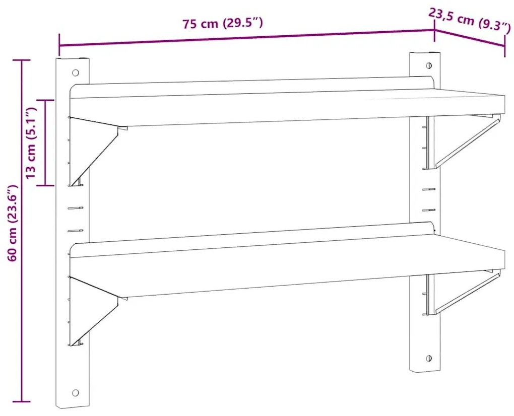 Ράφι Τοίχου 2 Επιπ. Ασημί 75x23,5x60 εκ. Ανοξείδωτο Ατσάλι - Ασήμι