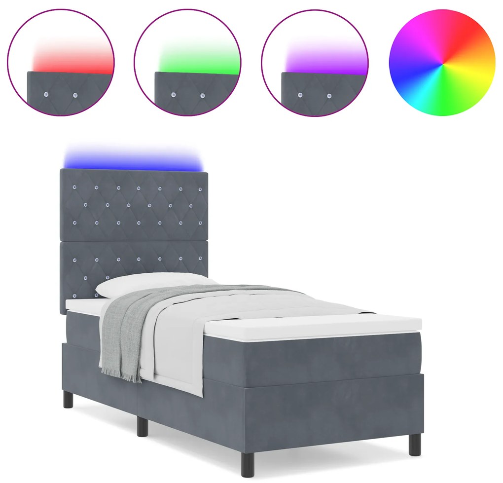 vidaXL Κρεβάτι με Στρατώ Αφρού και Στρώμα & LED Γκρι Σκούρο 100x200 εκ. Βελούδο