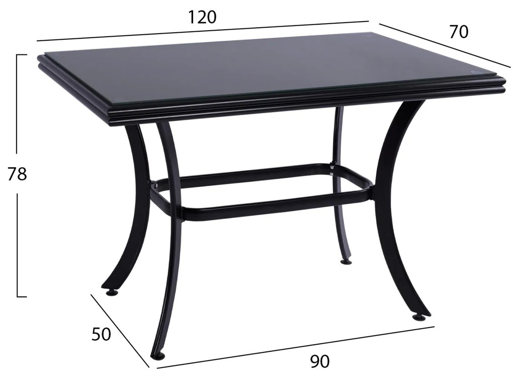 Τραπέζι JAXEN Αλουμινίου Μαύρο με Γυαλί Ασφαλείας και Textilene 120x70x78Υ εκ. 120x70x78 εκ.