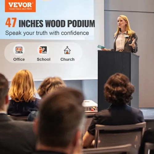 VEVOR Podium Stand, 47 in Hostess Stand with 4 Rolling Wheels, Wood Podium with Storage Shelves, and Slant Desktop, Lecterns &amp; Podiums for Church, Office, School, Home, Black