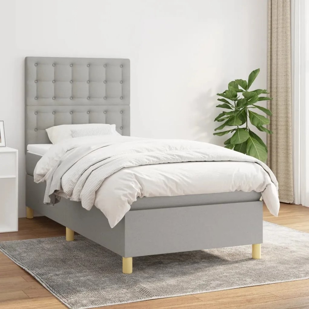 vidaXL Κρεβάτι Boxspring με Στρώμα Ανοιχτό Γκρι 90x200 εκ. Υφασμάτινο