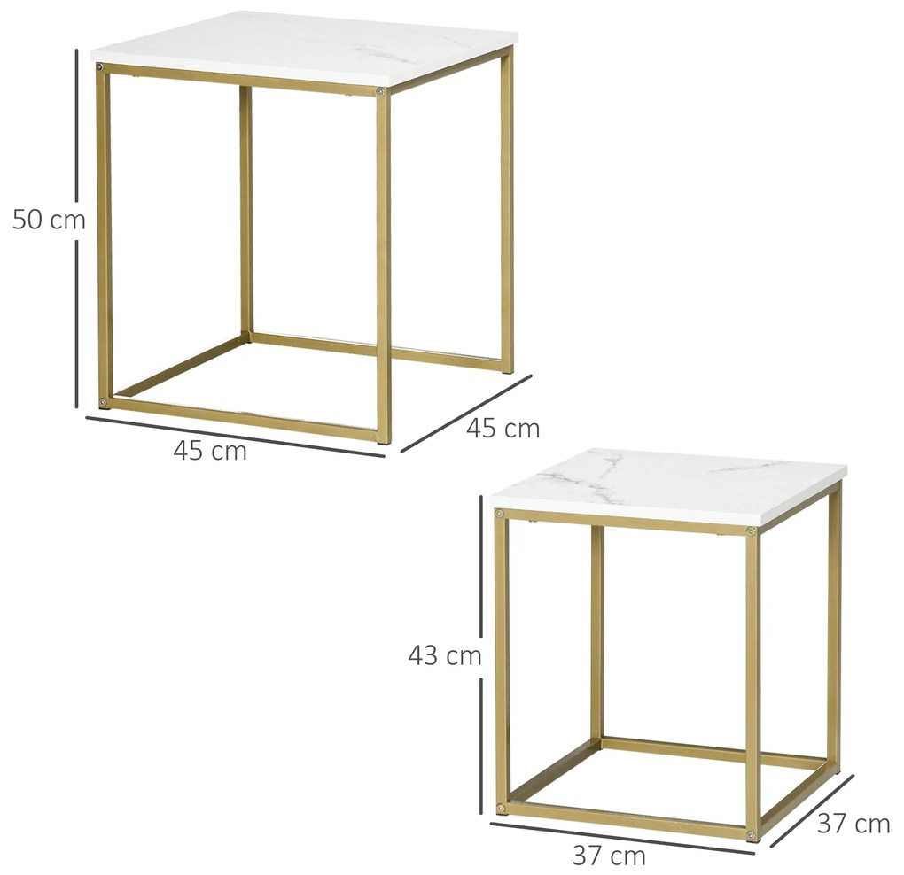 HOMCOM Σετ 2 Τραπεζάκια Σαλονιού, Στοιβαζόμενα Τραπεζάκια, Επιφάνεια σε Όψη Μαρμάρου, Χρυσό + Λευκό