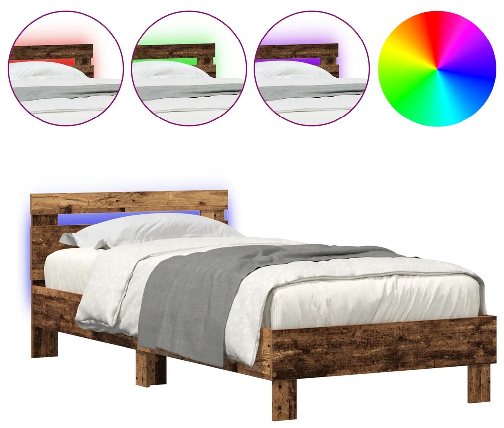 vidaXL Κρεβάτι με LED Φώτα Παλιό Ξύλο 75x190 εκ. Συνθετικό Ξύλο