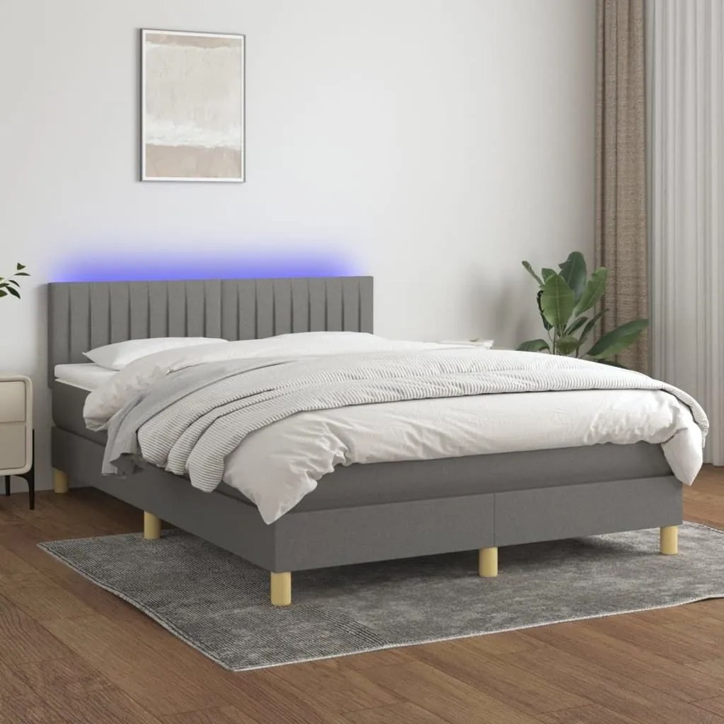 Κρεβάτι Boxspring με Στρώμα &amp; LED Σκ.Γκρι 140x190 εκ Υφασμάτινο  - Γκρι