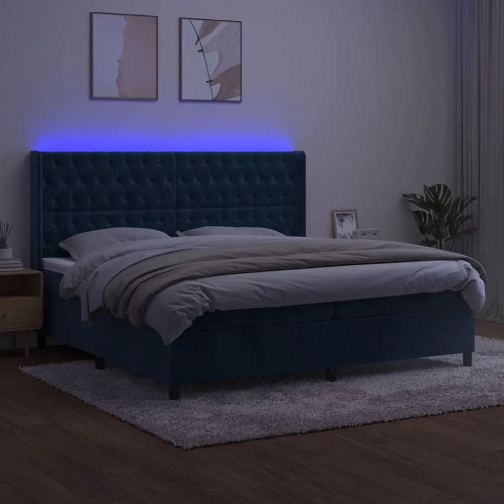 vidaXL Κρεβάτι Boxspring με Στρώμα & LED Σκ. Μπλε 200x200εκ. Βελούδινο