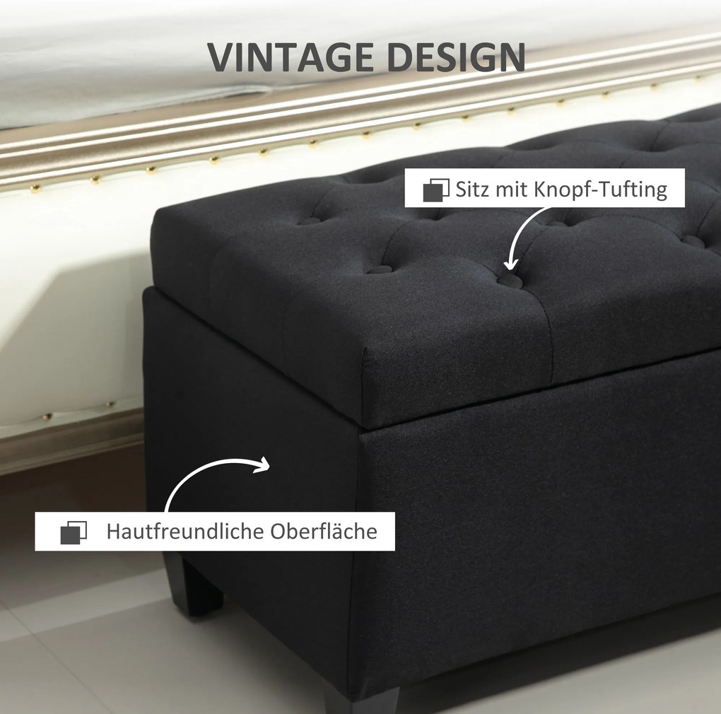 HOMCOM Πολυθρόνα με αποθηκευτικό χώρο, Τραπεζάκι, πολυεστερικό ύφασμα τύπου λινάτσας, Ξύλο καουτσούκ, Μαύρο, 100 x 40 x 44 cm