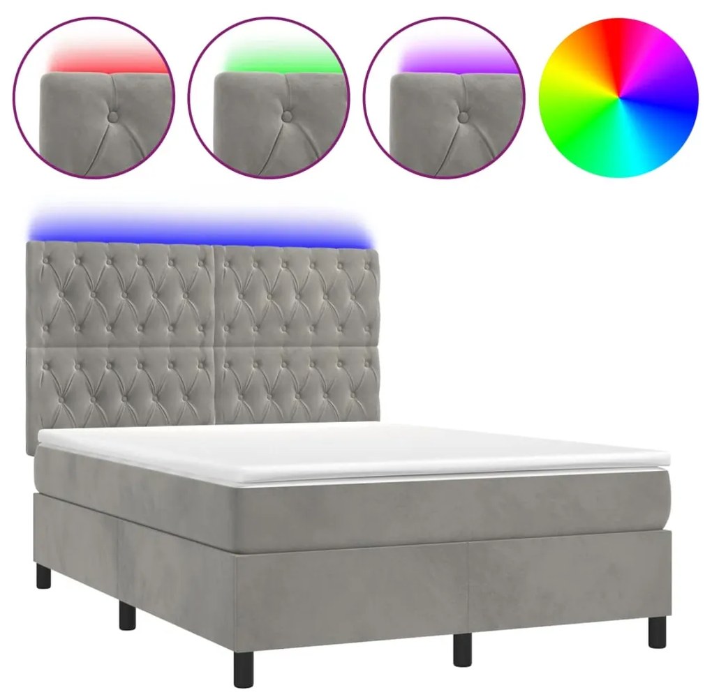 Κρεβάτι Boxspring με Στρώμα &amp; LED Αν.Γκρι 140x200 εκ. Βελούδινο - Γκρι