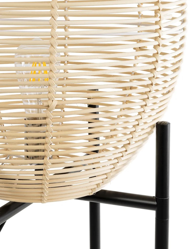 GloboStar® NERINA 02016 Boho Επιδαπέδιο Φωτιστικό Μονόφωτο 1 x E27 AC220-240V IP20 - Φ40 x Υ160cm - Μαύρο Μεταλλικό με Μπεζ Ρατάν Καπέλο Πλέγμα - 5 Χρόνια Εγγύηση