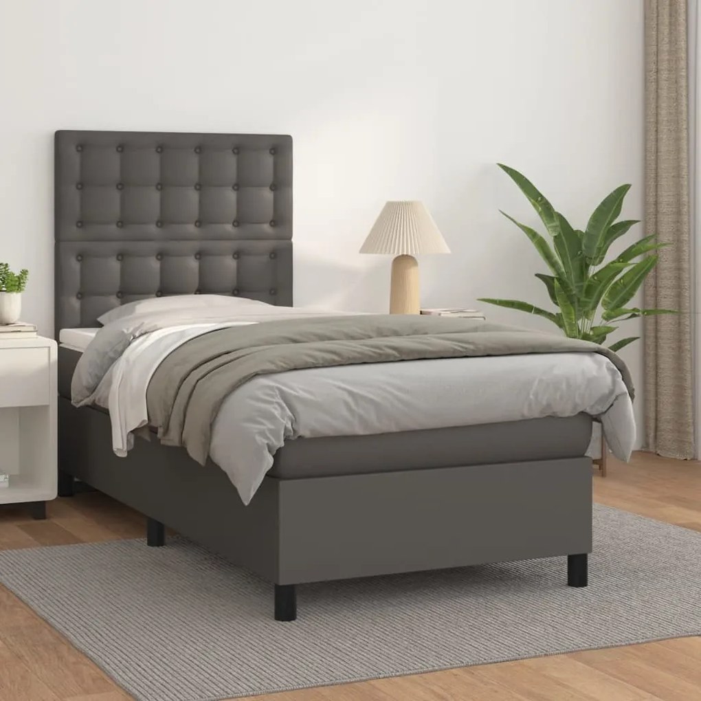 vidaXL Κρεβάτι Boxspring με Στρώμα Γκρι 90x200 εκ. από Συνθετικό Δέρμα