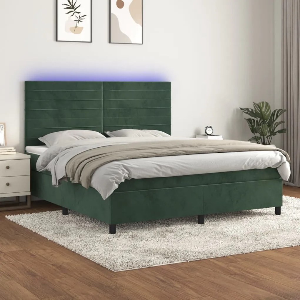 Κρεβάτι Boxspring με Στρώμα &amp; LED Σκ. Πράσινο 160x200εκ Βελούδο - Πράσινο