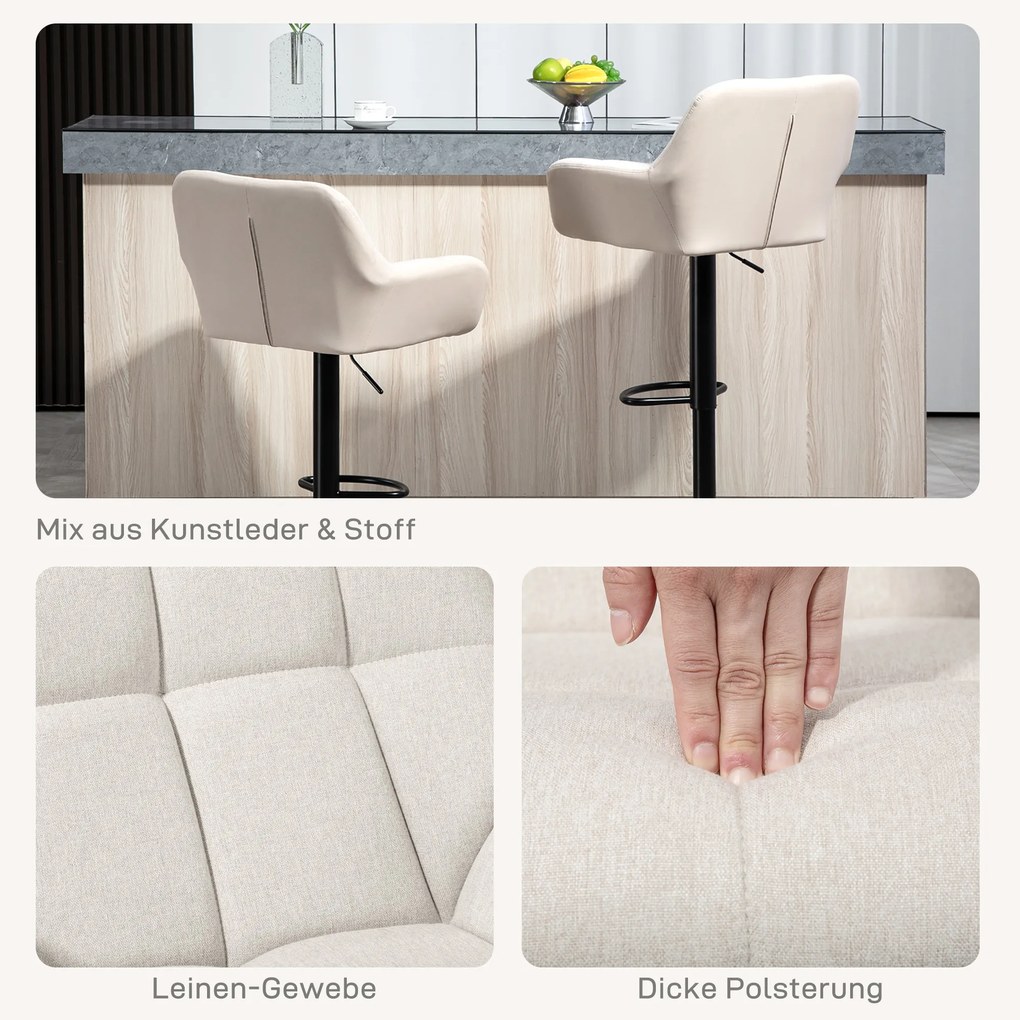 HOMCOM Σκαμπό μπαρ Σετ 2 τεμαχίων Ρετρό σχεδιασμός ρυθμιζόμενο ύψος δερματίνη όψη λινό Κρεμ + Μαύρο