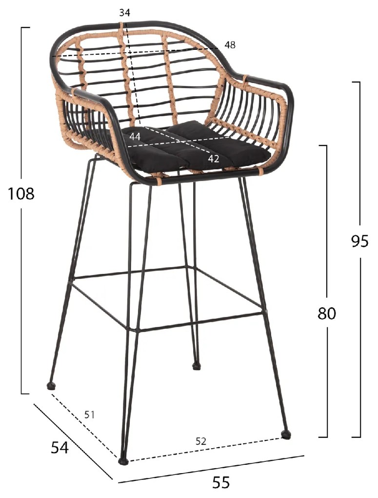 ΣΚΑΜΠΟ ΜΠΑΡ ALLEGRA HM5690.11 ΜΕΤΑΛΛΟ&amp;ΜΑΞΙΛΑΡΙ ΜΑΥΡΟ-WICKER ΜΠΕΖ 55x54x108Υεκ.