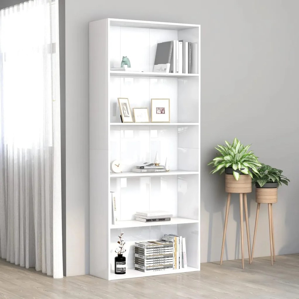 vidaXL Βιβλιοθήκη με 5 Ράφια Γυαλιστερό Λευκό 80x30x189 εκ Μοριοσανίδα