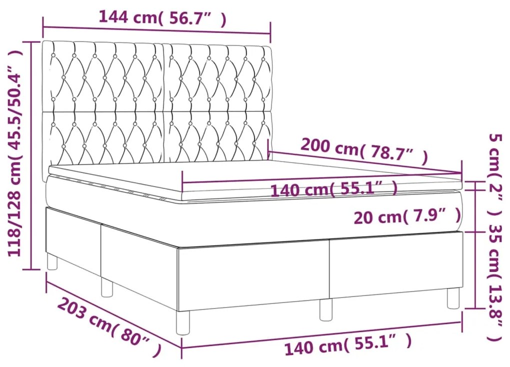 Κρεβάτι Boxspring με Στρώμα &amp; LED Σκ.Γκρι 140x200 εκ Υφασμάτινο - Γκρι