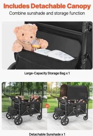 VEVOR Wagon Stroller for 4 Kids Push Pull Collapsible Stroller 330LBS Loading