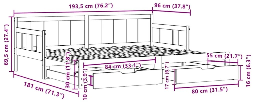 Καναπές Κρεβάτι Συρόμενος Χωρίς Στρώμα 90x190 εκ. &amp; Συρτάρια 3302229