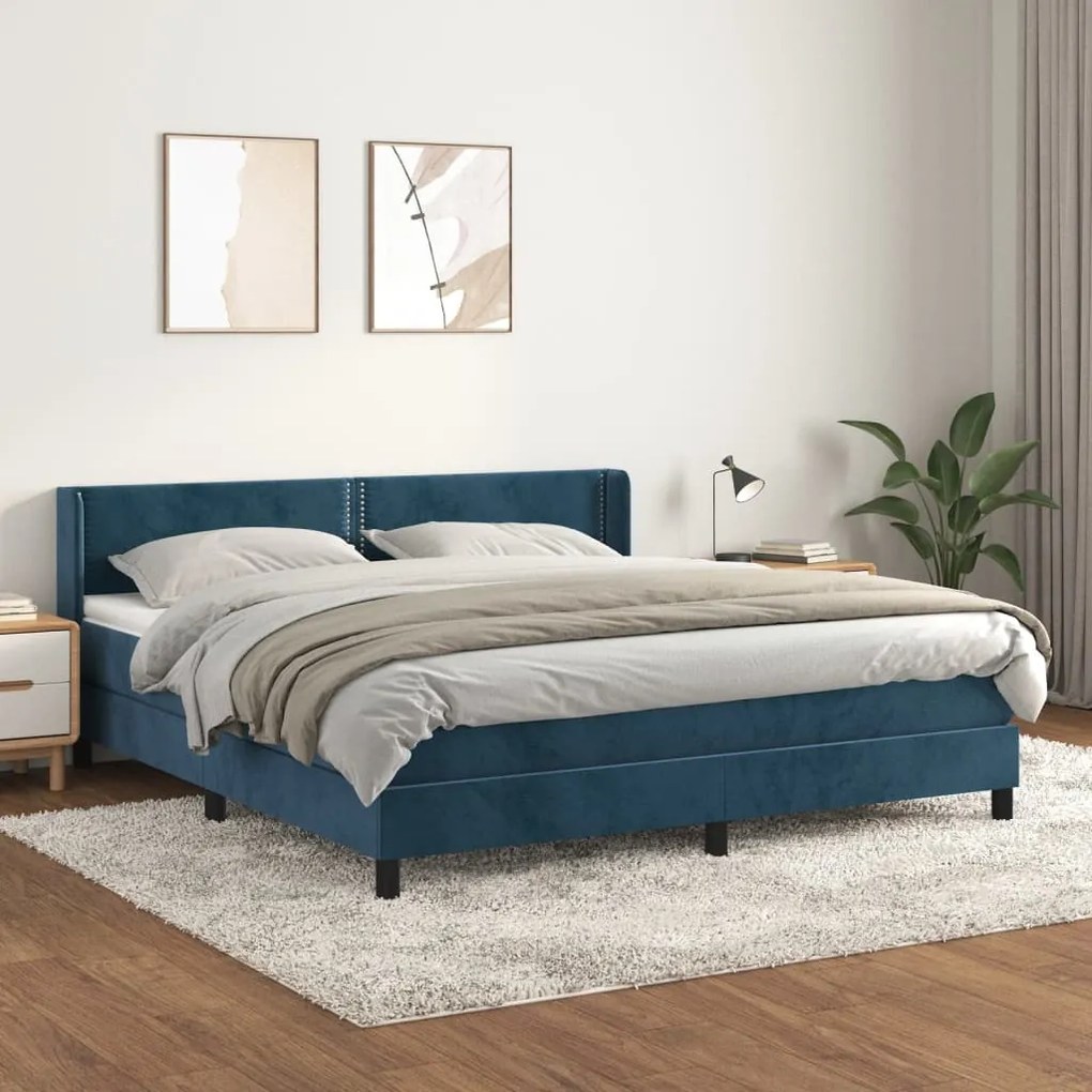 Κρεβάτι Boxspring με Στρώμα Σκούρο Μπλε 160x200 εκ. Βελούδινο