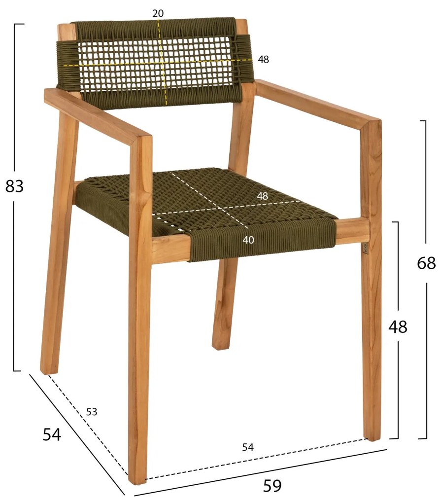Πολυθρόνα CHARLOTTE Ξύλο Teak Φυσικό και Πράσινο Σχοινί 59x54x83Yεκ. 59x54x83 εκ.
