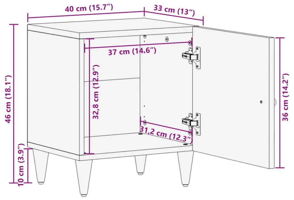 Κομοδίνα 2 τεμ. 40 x 33 x 46 εκ. από Μασίφ Ξύλο Μάνγκο - Μαύρο