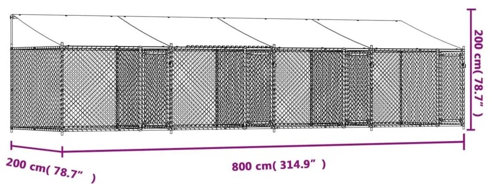 Κλουβί Σκύλου με Οροφή και Πόρτες Γκρι 8x2x2 μ. Γαλβ. Χάλυβας - Γκρι