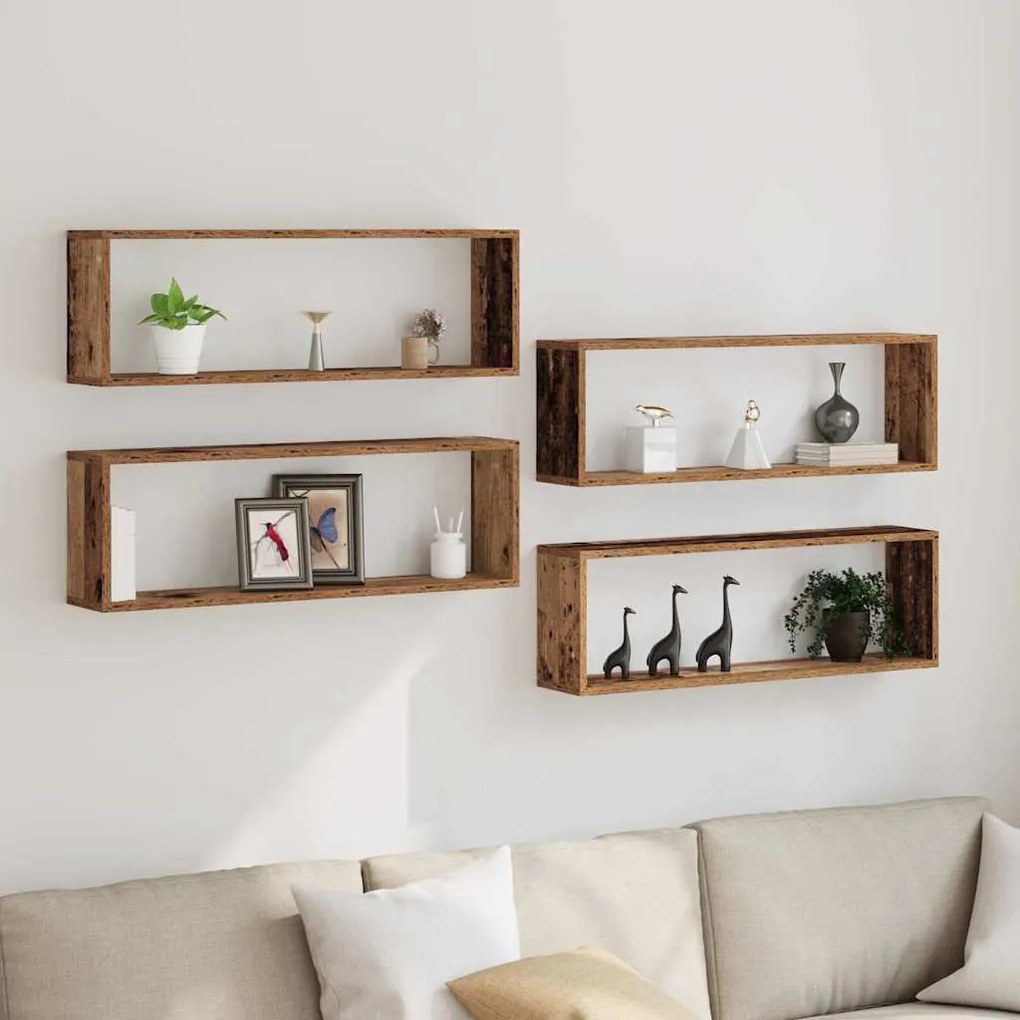 vidaXL Ράφι Τοίχου με ράφι Επιτοίχιο 4 pcs Παλιό ξύλο 80 x 15 x 26 εκ.